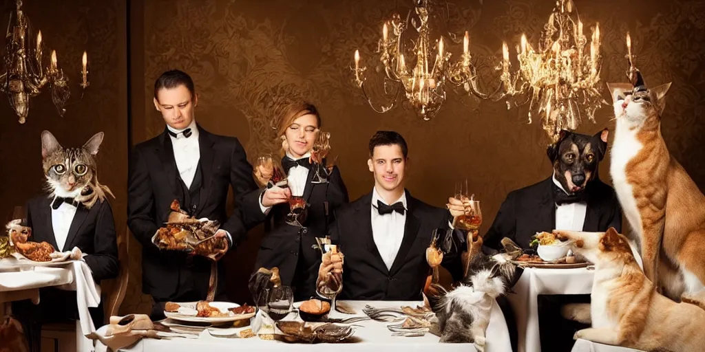 Prompt: sophisticated cats and dogs wearing suits and dresses eating dinner at a fancy restaurant, very atmospheric lighting, award winning photo, masterpiece