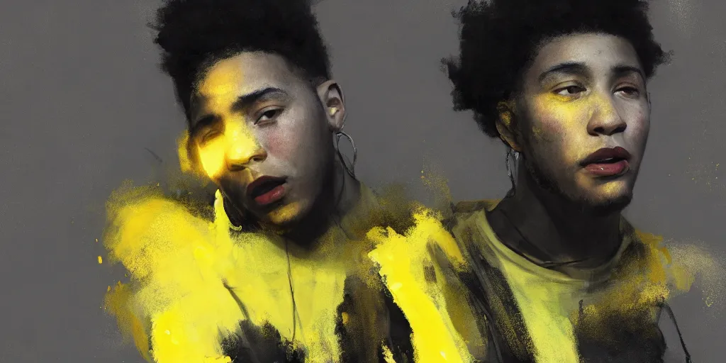 Image similar to painting of a cinematic still of a young light - skin black rapper singing, wearing a white tank top, extremely detailed digital painting, in the style of fenghua zhong and ruan jia and jeremy lipking and peter mohrbacher, predominant colors are black and yellow, rim light, beautiful lighting, 8 k, raytracing, octane, trending on artstation