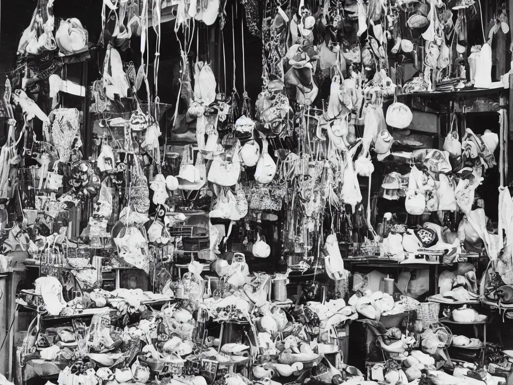 Prompt: a photograph of a market stall, every item is an exploding head. effortless beauty in the style of man ray