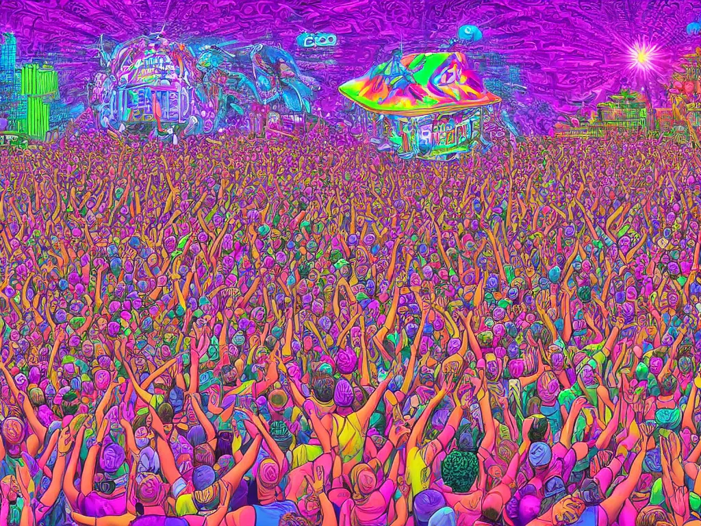 Image similar to rapping on stage at festival, holding microphone, giant crowd, epic angle, happy, psychedelic, hip hop, surreal, neon, vaporwave, detailed, illustrated by Alex Grey, 4k