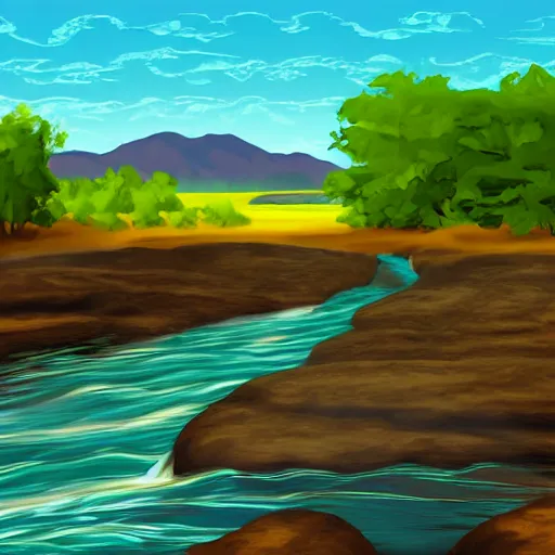 Image similar to digital art painting of a river running through the plains, very mediocre, not detailed at all.