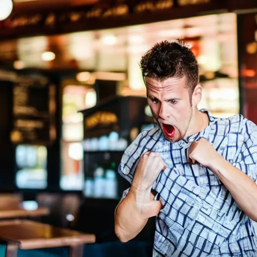 Prompt: 90mm professional photo of a man getting into a fight at the pub