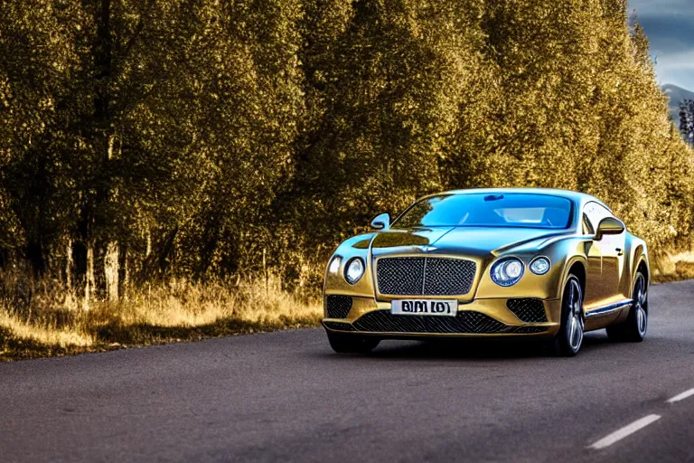 Image similar to Bentley Continental GT in shiny gold film drives along old Russian village road with houses houses around the edges