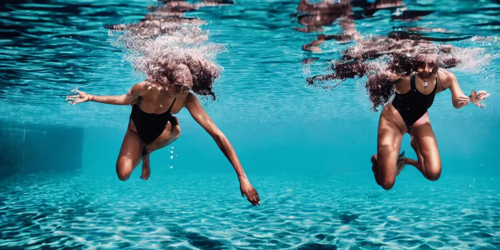 Prompt: Photography of a female black athletic skinny woman, taken under water in a pool in summer, she just jumped into water, many bubbles and rays of sun