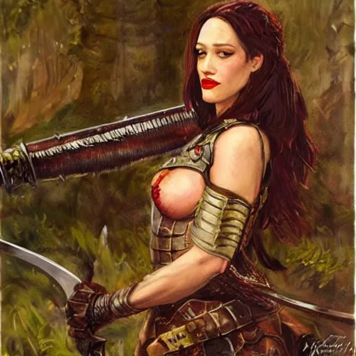 Image similar to portrait of kat dennings wearing armor and holding sword by frank fazetta, fantasy, barbarian