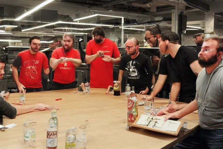 Image similar to a group of software engineers battle a giant Tabasco bottle