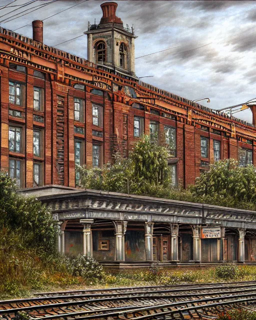 Image similar to a beautiful detailed painting of urbex nature architecture unfinished building industrial architecture railway station by stanley spencer, san andreas, archdaily, wallpaper, highly detailed, trending on artstation.