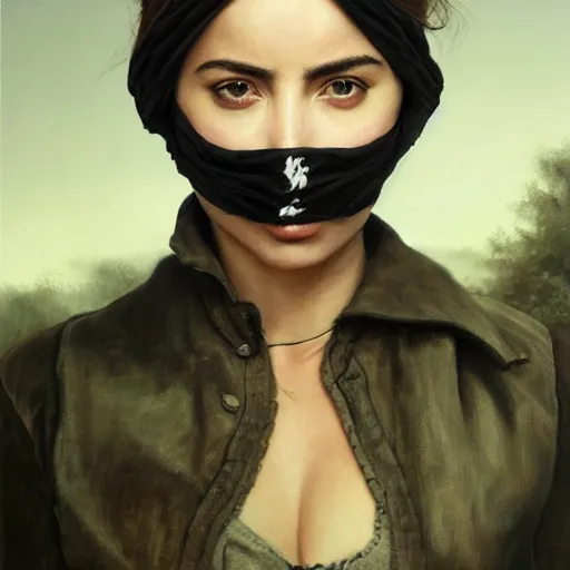 Prompt: ultra realistic portrait painting of ana de armas as a western outlaw wearing a black bandana over her face, art by michael sowa, 4 k, ultra realistic, highly detailed, epic lighting