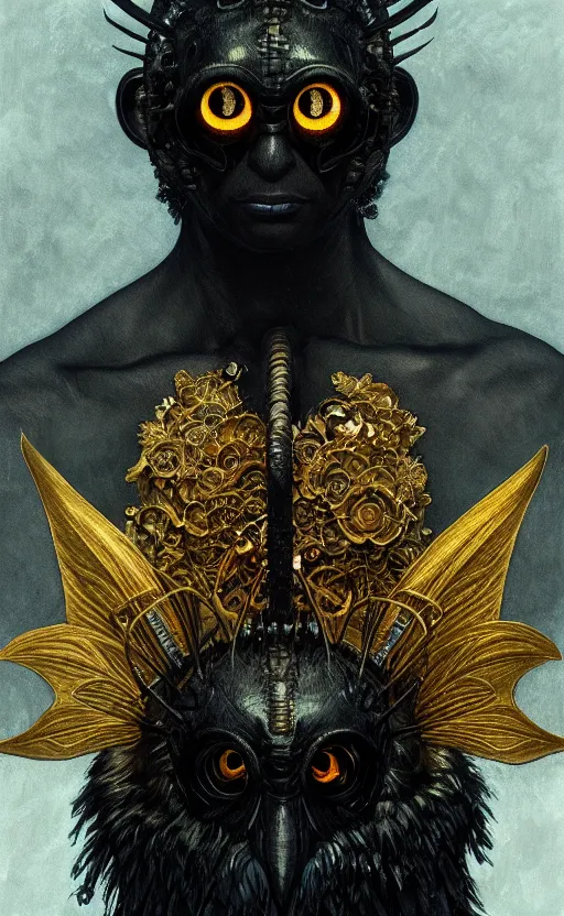 Image similar to a detailed portrait of a black mothman, wearing a golden crown, concept art, deep focus, intricate, highly detailed, digital painting, artstation, matte, sharp focus, illustration, art by greg rutkowski and alphonse mucha