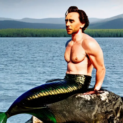 Prompt: Tom Hiddlestone as a beautiful mermaid sitting on a rock in the middle of a lake wearing a shiny silk jacket