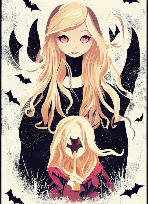 Image similar to little girl with long blonde hair. spooky halloween card. clean cel shaded vector art. shutterstock. behance hd by lois van baarle, artgerm, helen huang, by makoto shinkai and ilya kuvshinov, rossdraws, illustration, art by ilya kuvshinov