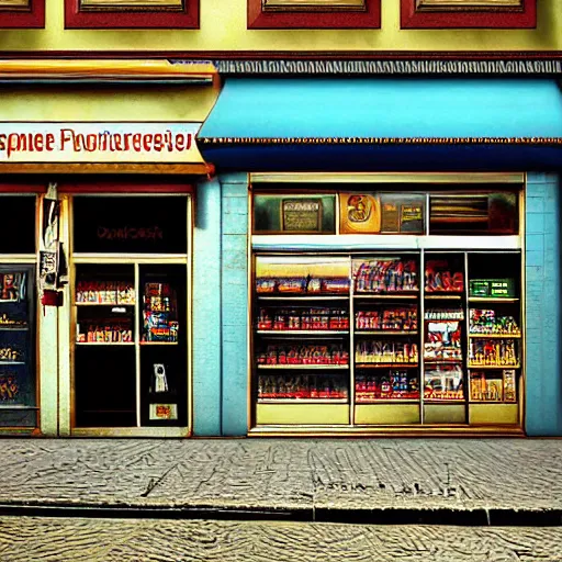 Prompt: A fantasycore photograph of a convenience store with photograph of 2099 portugal lisbon on the street of a very highly detailed eldritch city digital rational painting art by Greg Rutkowski, a 12x(very) much detailed Dimensional cyan gold natural light, sharp focus, a 12x(very) much detailed by Eta Cru and James Gurney and Donato Giancola, composition by alphonse mucha