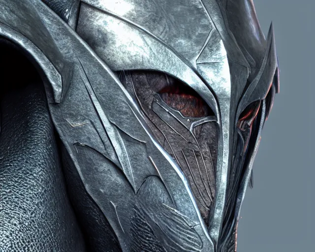 Image similar to a photorealistic 3D render portrait of sauron the dark lord wearing armor made of iron, unreal engine, octane render, cinematic lighting, a sense of evil, hard surface character concept art, dark fantasy character design, hyper realism, high detail, depth of field, stunning vfx, smooth gradients, high contrast, cgsociety