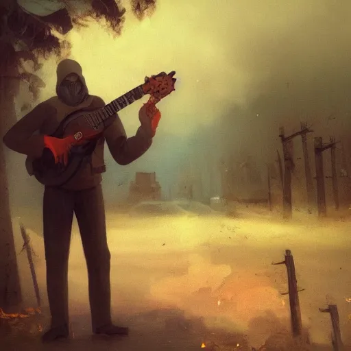 Prompt: stalker with a guitar, from the game stalker on the background of the city of pripyat smokes a cigar, aivazovsky, 8 k, artstation