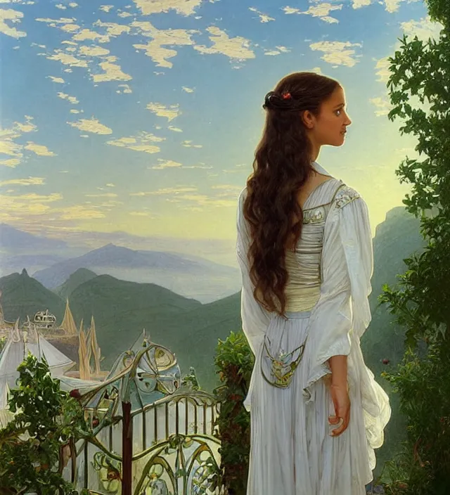 Image similar to intricate oil painting of a young alicia vikander with pointed ears wearing ornate white and light green dress with silver belt, looking out at sunrise over rivendell from her art nouveau balcony, elegant, digital painting, smooth, sharp focus, illustration, ultra realistic, 8 k, by bouguereau, alphonse mucha, artgerm, and donato giancola