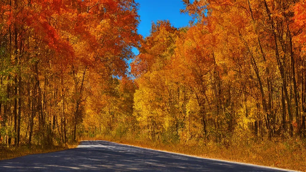 Image similar to a realistic photograph of a country road lined on both sides by maple and poplar trees, in the autumn, red orange and yellow leaves, some leaves have fallen and are under the trees and on the!!!! road