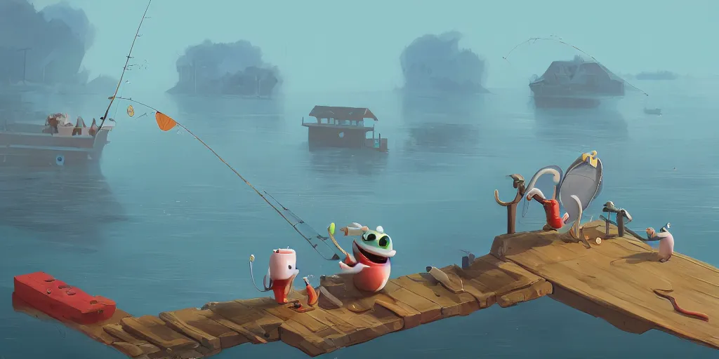 Prompt: cute cartoon monsters fishing on a pier by Goro Fujita and Simon Stalenhag , 8k, trending on artstation, hyper detailed, cinematic