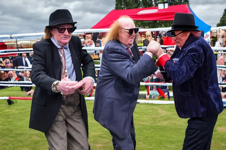 Image similar to michael fish vs john mccririck in a boxing match, in the middle of a paddock