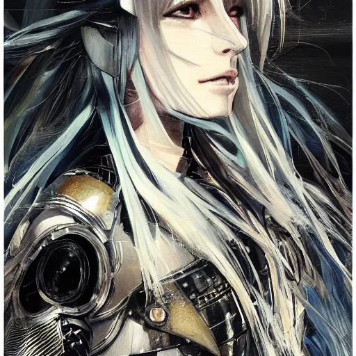 Prompt: Soft oil portrait with broad brush strokes of an anime girl with a long white hair, black eyes and cracks on her face wearing Elden Ring armour with engraving in the style of Yoji Shinkawa, abstract patterns on the background, expressive brush strokes, hairs fluttering on the wing, noisy film grain effect, highly detailed, Renaissance oil painting, weird portrait angle, blurred lost edges, three quarter view