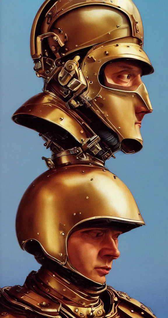 Prompt: beautiful extreme closeup portrait photo in style of frontiers in helmet Helmets of Emperor Charles V the Wise science fashion magazine September retrofuturism edition, highly detailed, soft lighting, elegant , lighting, 35mm , Edward Hopper and James Gilleard, Zdzislaw Beksinski, Steven Outram, highly detailed