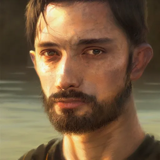 Image similar to duncan trussel closeup portrait, dramatic light, lake background, 2 0 0 mm focal length, midnight gospel, painted by stanley lau, painted by greg rutkowski, painted by stanley artgerm, digital art, trending on artstation