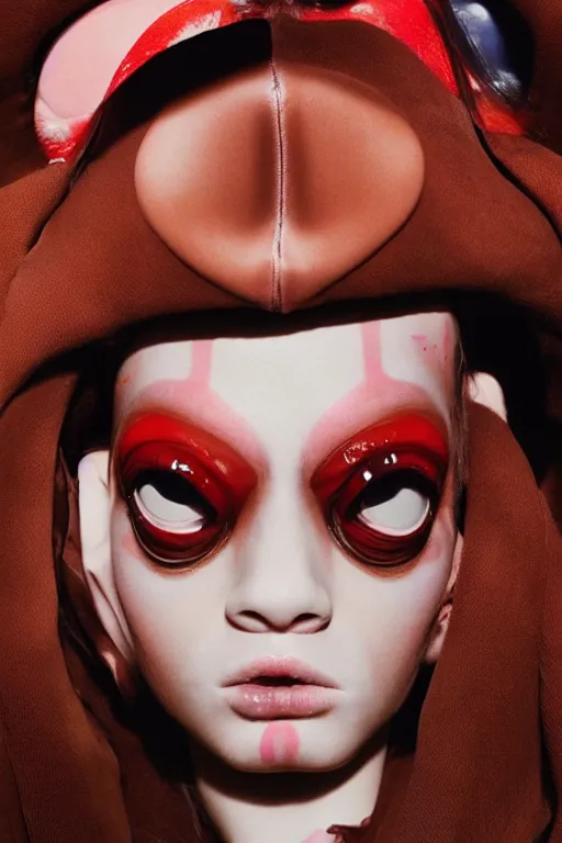 Image similar to comme des garcons campaign featuring jar jar binks as a female cowgirl, long eyeslashes, huge juicy lips, big seductive eyes, unprocessed colors, # nofilter, realistic vfx simulation