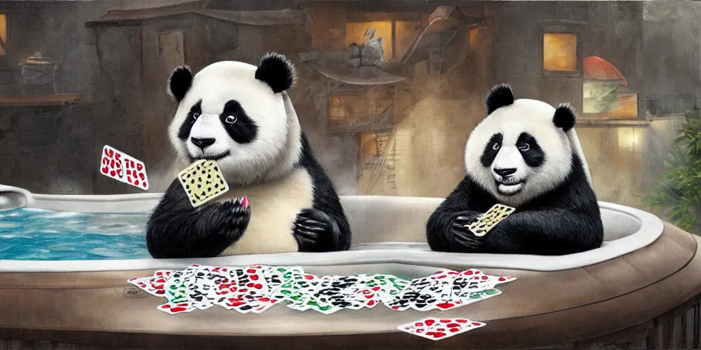 Prompt: A panda playing cards in a hot tub on a roof top, Greg Simkins