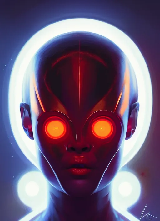 Image similar to symmetry!! portrait of a metallic being with a face with a glowing red light, complimentary colors, perfect lighting, perfect composition, aesthetic, masterpiece, award winning, artstation, darek zabrocki, greg rutkowski, artgerm, 4 k