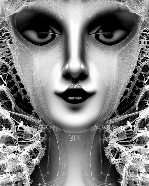 Image similar to mythical dreamy black and white organic translucent bio-mechanical spinal ribbed profile face portrait detail of mechanical beautiful female angelic-snowy-human-doll, highly detailed, intricate crystal jelly steampunk ornate, poetic, 3D render, digital art, octane render, 8K artistic photography, photo-realistic, by Dora Maar