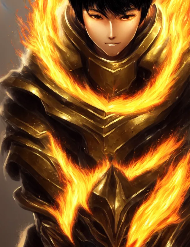 Image similar to a detailed manga portrait of a black haired man with hazel eyes in gleaming golden armour that burns with golden fire, trending on artstation, digital art, 4 k resolution, detailed, high quality, sharp focus, hq artwork, coherent, insane detail, character portrait