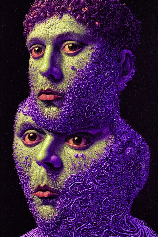 Prompt: bizarre purple blacklight detailed renaissance portrait of cookie monster as a highly detailed realistic real life person, dramatic cinematic lighting, 8 k, beautiful intricate painting by james r eads, modigliani and tomasz alen kopera