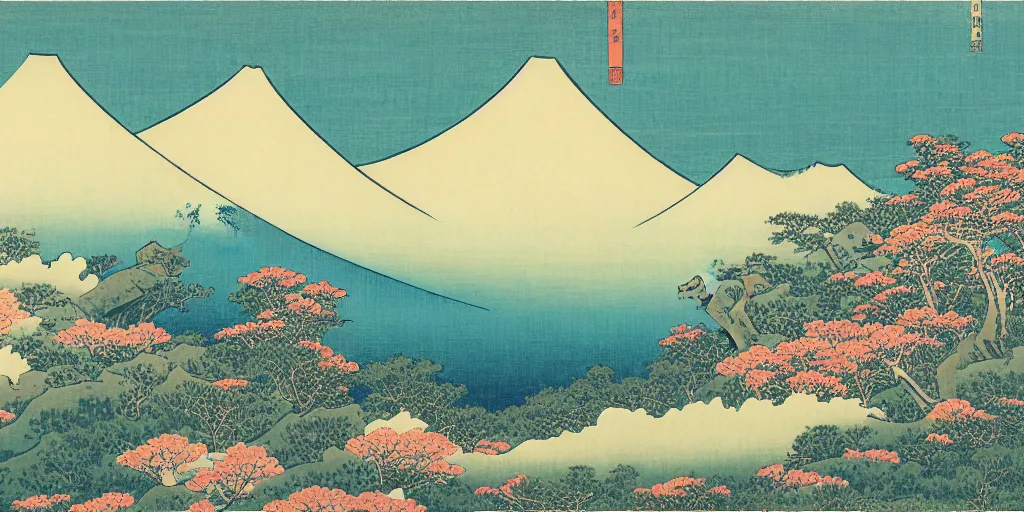 Image similar to mountain landscape with many flowers, by katsushika hokusai and mahmoud sai, intricate, sharp focus, detailed, lively colors, sky, water