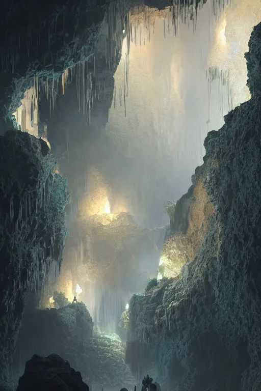 Prompt: limestone cave with tiny glowing translucent crystals on the walls , dynamic lighting, volumetric, bokeh, cinematic, establishing shot, extremly high detail, photo realistic, cinematic lighting, post processed, concept art, artstation, matte painting, style by eddie mendoza, raphael lacoste, alex ross