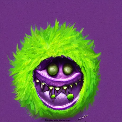 Prompt: a green tennis ball monster in a purple pimp coat, black and gold, digital art, fantasy, magic, chalk, trending on artstation, ultra detailed, professional illustration by basil gogos