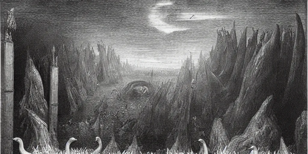 Prompt: gargantuan geese guarding the gates of hell, art by gustave dore, hieronimus bosch