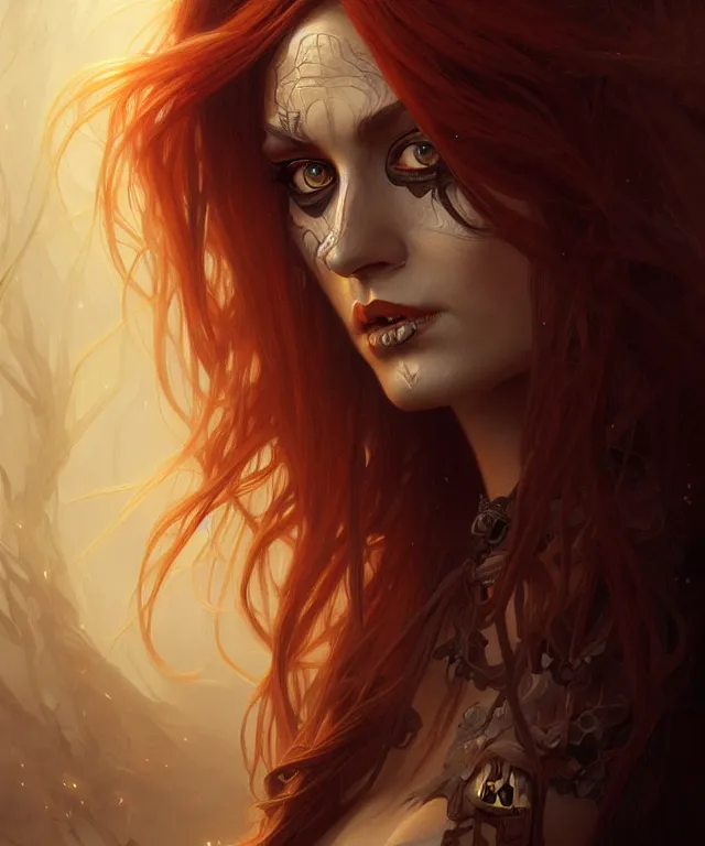 Image similar to Halloween woman portrait, sci-fi, amber eyes, face, long hair, fantasy, intricate, elegant, highly detailed, digital painting, artstation, concept art, smooth, sharp focus, illustration, art by artgerm and greg rutkowski and alphonse mucha