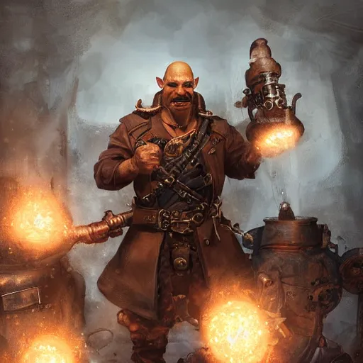 Image similar to portrait of a muscular, bald orc mechanic, wearing a heavy brown leather coat, wielding a wrench, tusks visible, steampunk and magic setting, DnD character, fantasy character, dramatic lighting, high detail, digital art by Ruan Jia