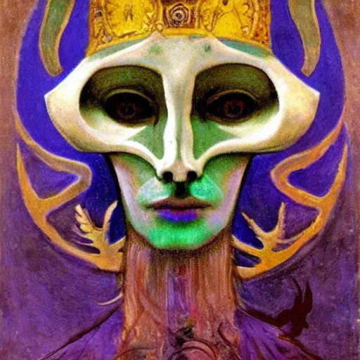 Image similar to the bone crown, the crow crown, by Annie Swynnerton and Nicholas Roerich and Diego Rivera, bioluminescent skin, elaborate costume, geometric ornament, symbolist, cool colors like blue and green and violet, smooth, sharp focus, extremely detailed