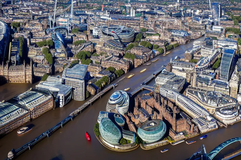 Image similar to an aerial view of a london city with a river running through it, a tilt shift photo by christopher wren, featured on cg society, new objectivity, uhd image, tilt shift, high dynamic range