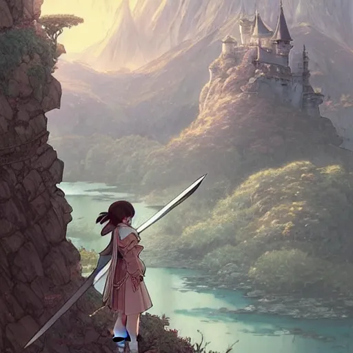 Image similar to the knight and the sword of rose petal, anime, castle core, mountains, rocky roads. by hayao miyazaki and rossdraws and artgerm and greg rutkowski and alphonse mucha and studio ghibli and ilya kuvshinov. high quality, stunning, intricate detailed environment. 8 k