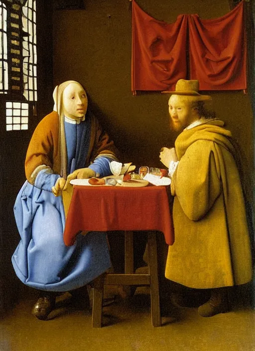 Image similar to Young man sitting at the table with young pretty blonde girl at the crowded inn. Medieval painting by Jan van Eyck, Johannes Vermeer, Florence