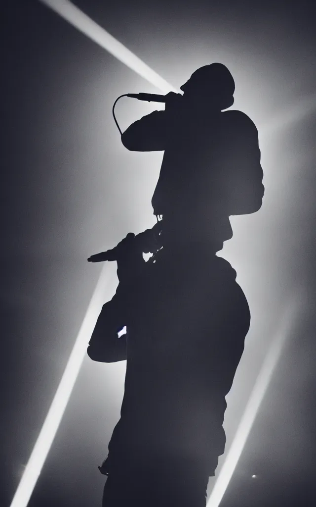 Image similar to man holding a microphone and rapping, epic pose, medium close-up, silhouetted, distinct figure, psychedelic hip-hop, laser light show, fog, beams of light