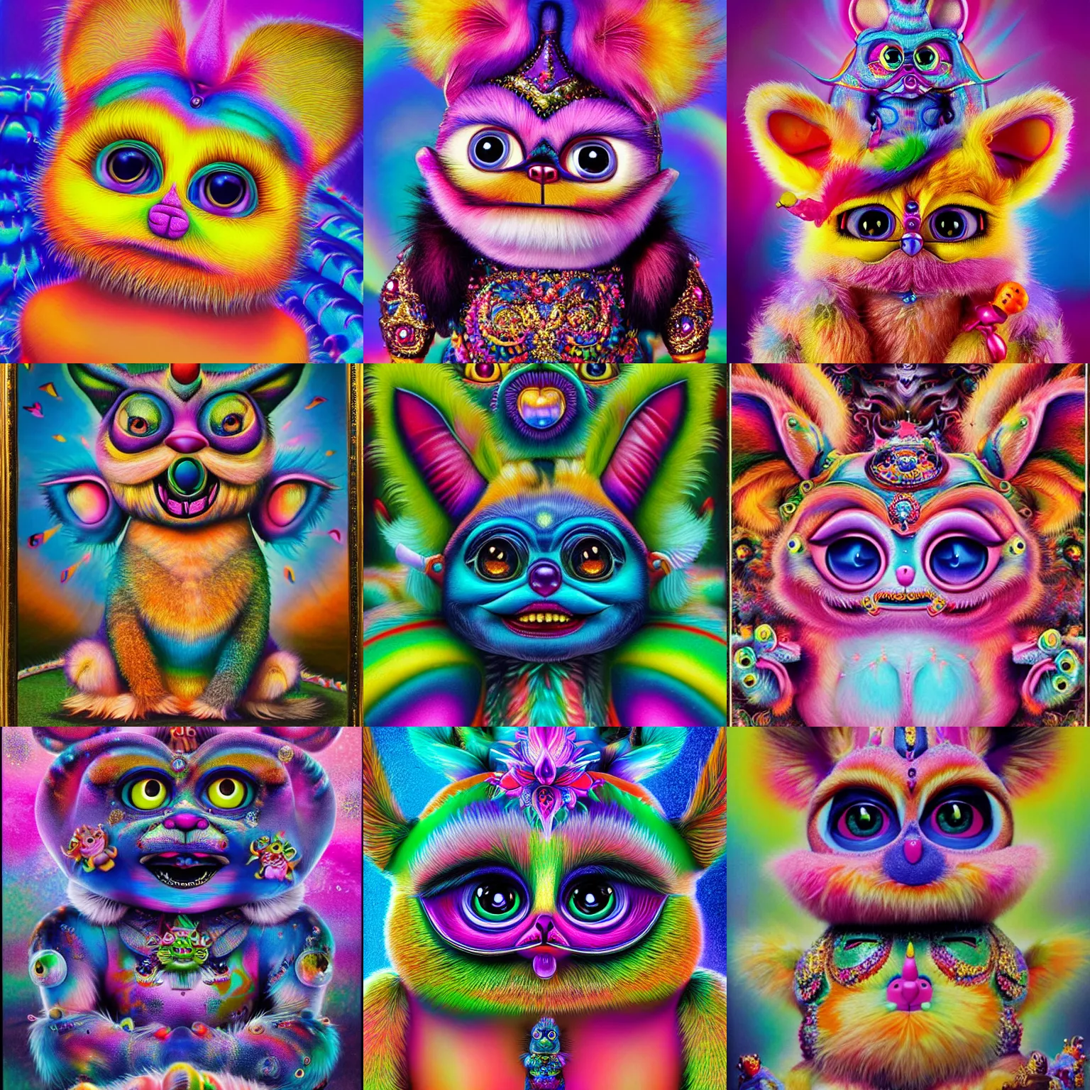 Prompt: hyperreal hindu furby dragon dog god, kawaii high definition lifelike portrait art on 35mm film by Lisa Frank and Boris Artzybasheff