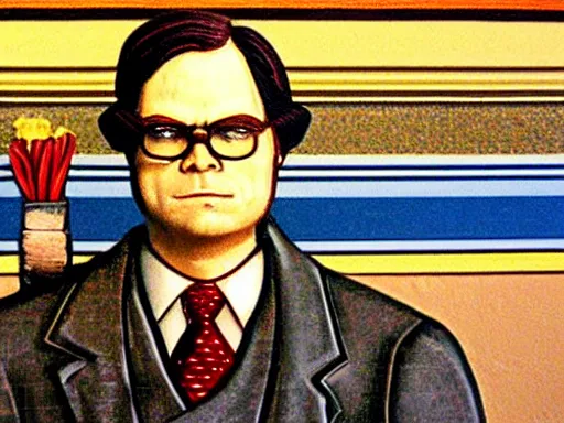 Image similar to grant wood mural of dwight schrute on his beet farm. dwight is wearing a yellow shirt and a brown striped tie