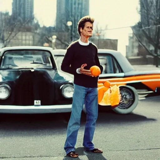 Image similar to Willem Dafoe in a sweater, with a confused face holding oranges on two outstretched hands, against the background of a retro car, focus on the foreground, realism, details,