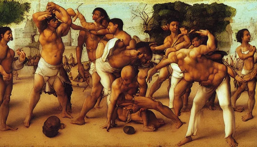Prompt: capoeira, painting by leonardo da vinci