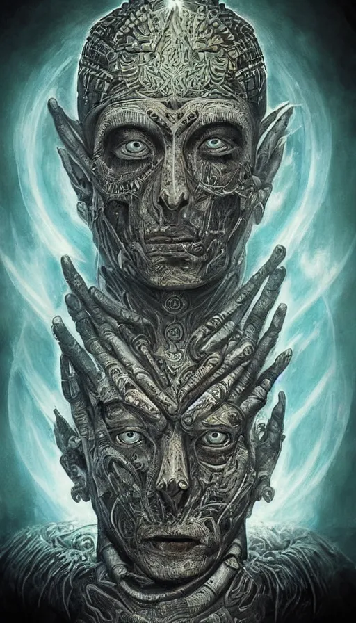 Image similar to immortal galactic emperor hybrid aztec fantasy beautiful angellic symmetrical human elven face skull mask tattoo pattern concept, teonanacatl glyph, intricate artwork by, Johnatan Wayshak, Zdizslaw Beksinski, face by Artgerm, H.R. Giger, very coherent artwork, cinematic, hyper realism, high detail, octane render, unreal engine, 8k, High contrast, higly detailed black ink outline, crosshatch sketch gradient