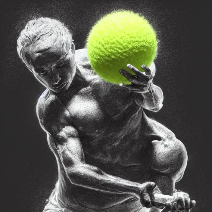 Prompt: cinematic portrait of a cute tennis ball monster in water, chalk, masterpiece, trending on artstation, featured on pixiv, cinematic composition, dramatic pose, beautiful lighting, sharp details, hyper - detailed, hd, hdr, 4 k, 8 k, art by basil gogos