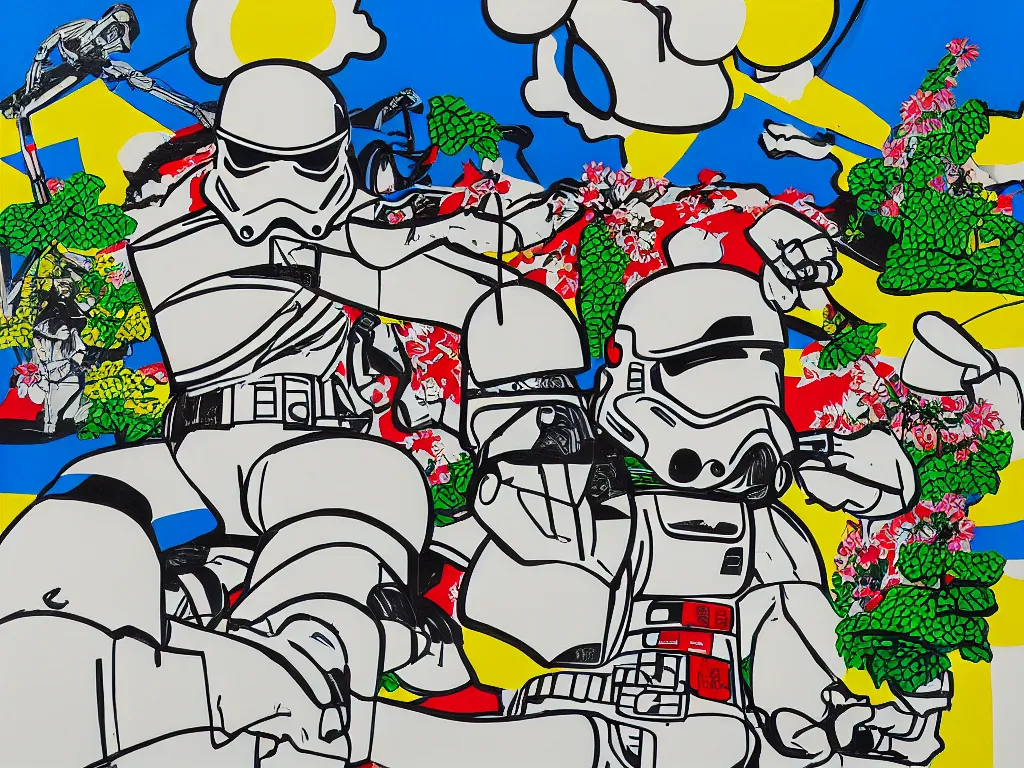 Image similar to hyperrealism composition of the japanese home with a garden, detailed stormtrooper in hot springs, pop - art style, jacky tsai style, andy warhol style, roy lichtenstein style, acrylic on canvas