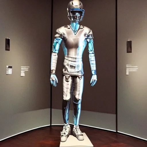 Image similar to “ a realistic detailed photo of a guy who is an attractive humanoid who is half robot and half humanoid, who is a male android, football player christian mccaffrey, shiny skin, posing like a statue, blank stare, at the museum, on display ”